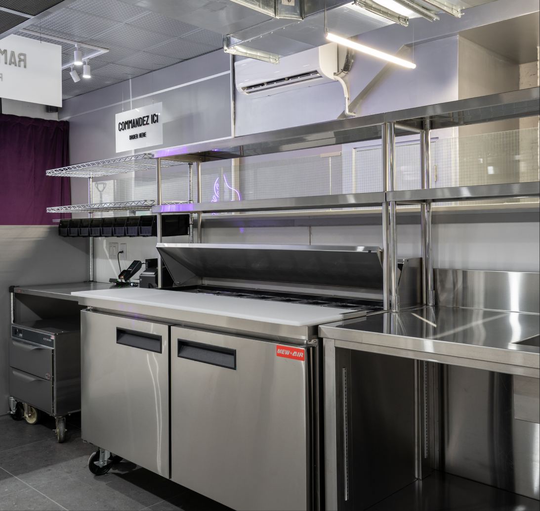 Refrigerated counters and stainless shelving